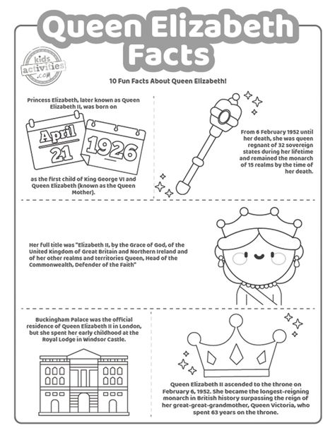 Wasn't the Queen such an iconic figure? Let's have a short history lesson about her with our printable facts about Queen Elizabeth coloring pages! Queen Elizabeth Kids, Culture Worksheet, Facts About Queen Elizabeth, Wax Museum Project, Learning Log, Fathers Day Coloring Page, Classroom Idea, Abstract Coloring Pages, Swear Word Coloring