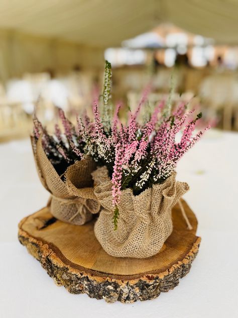 Beautiful potted Heather within littkd hessian sacks Heather Table Decorations, Heather Table Decor, Heather Flower Arrangements, Heather Wedding Decoration, Hessian Table Decor, Heather Wedding Bouquet, Lilac Wedding Themes, Hessian Wedding, Bud Vase Centerpiece