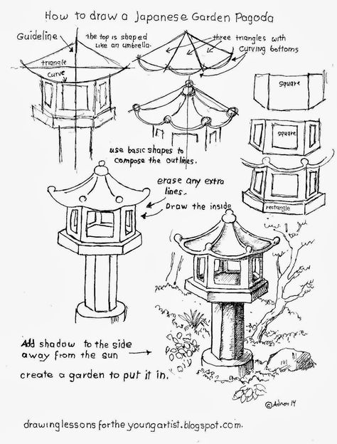 How to draw a garden pagoda worksheet. See more at my blogger: http://drawinglessonsfortheyoungartist.blogspot.com/ How To Draw Japanese, Artist Garden, Garden Pagoda, Japanese Pagoda, Parent Teacher, Art Worksheets, Gain Confidence, Architecture Drawing Art, Basic Drawing