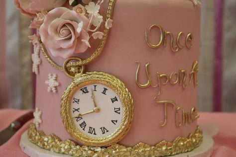 First Birthday Cake. Clock with Aria's time of birth! Once upon a time... Fairytale First Birthday Cake, Once Upon A Time Birthday Party Cake, Once Upon A Time First Birthday Cake, First Birthday Princess Cake, Once Upon A Time Cake Ideas, Once Upon A Time Baby Shower Theme Girl, One Upon A Time Birthday, Once Upon A Time Birthday Cake, Once Upon A Time Birthday Party Theme