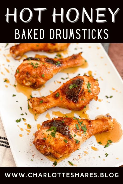 Chicken drumsticks are coated in a bold dry rub then brushed with a homemade hot honey before baking until crispy. Delicious, easy dinner idea! Hot Honey Dishes, Hot Honey Chicken Drumsticks, Hot Honey Drumsticks, Chicken Drumstick Recipes Oven, Drumstick Recipes Oven, Homemade Hot Honey, Stuff Chicken, Baked Drumsticks, Honey Baked Chicken