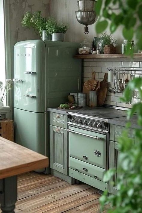 Green Retro Kitchen, Gold Appliances, Retro Kitchen Ideas, Green Kitchen Appliances, Vintage Green Kitchen, Olive Green Kitchen, Retro Kitchen Appliances, Vintage Kitchen Appliances, Vintage Kitchen Gadgets