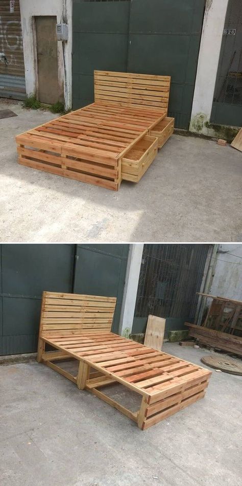 Wood Pallet Bed, Bed Frame Ideas, Pallet Bank, Diy Pallet Decoration, Wood Pallet Bed Frame, Pallet Bed Frame Diy, Wooden Pallet Beds, Wood Pallet Beds, Pallet Bed Frames