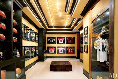 Dream Home Decorating Ideas: Tatami Room, Home Spa, Screening Rooms Photos | Architectural Digest Trophy Room Ideas, Sports Room Man Cave, Sports Memorabilia Room, Headquarters Design, Badminton Quotes, Sports Memorabilia Display, Wyoming House, Hines Ward, Trophy Wall