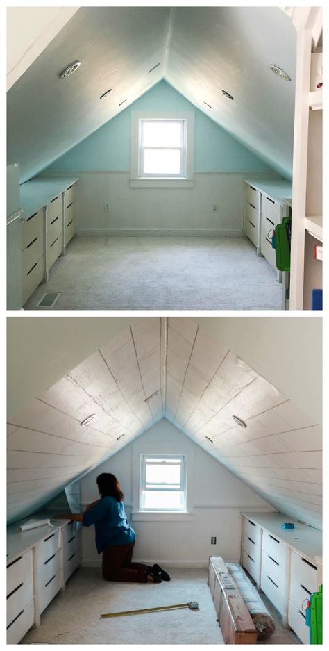 Attic Bedroom Office Combo, Tiny Attic Renovation, Low Roof Attic Conversion Ideas, Slopped Roof Bedroom Ideas, Short Attic Ideas, Cottage Attic Bedroom, Low Attic Bedroom Ideas, Attic Spaces Low Ceiling, Awkward Dormer Space