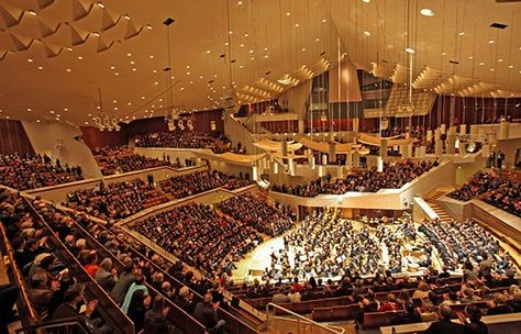 A new 3-D Wim Wenders film tours the futuristic, 50-year-old Berlin Philharmonic Wim Wenders Film, Orchestra Aesthetic, Hans Scharoun, Germany Culture, Berlin Philharmonic, Wim Wenders, Auditorium Design, Majestic Theatre, Modern Skyscrapers