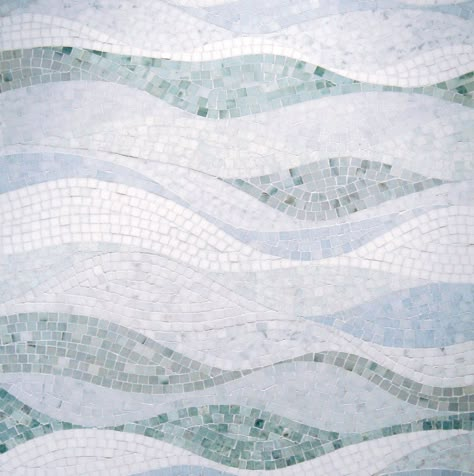 Add a touch of style to your home with the Onda Aqualine Weave Stone Mosaic. This modern stone mosaic seamlessly weaves onto walls and floor to create an intricate pattern with variations of line and color. Materials: Ming Green, Cipolino, Blue Celest, Carrara, Calacatta, and Thassos All Polished. Available in Honed Finish. Stone Floor Pattern, Coastal Shower Tile Ideas, Mosaic Shower Wall, Hawaii Bathroom, Mosaic Tile Bathroom, Mosaic Bathroom Floor, Wave Tile, Blue Floor Tile, Mosaic Waves