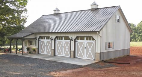 This garage was built for Brent of Hamptonville, NC  Special Features:    Morton's Hi-Rib Steel  Morton's Energy Performer Insulation Package  Cupolas... Pole Barn Shop, Pole Barn Ideas, Metal Shop Building, Pole Barn Garage, Farmhouse Garage, Morton Building, Barn Shop, Pole Buildings, Barn Garage