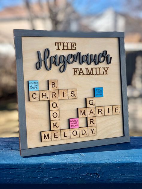 Family Personalized Gifts, Last Name Decor Ideas, Circle Family Name Sign, Basswood Crafts, Scrabble Wall Art Diy Framed, Crafts With Scrabble Tiles, Scrabble Wall Art Diy, Scrabble Family Names, Scrabble Letter Crafts