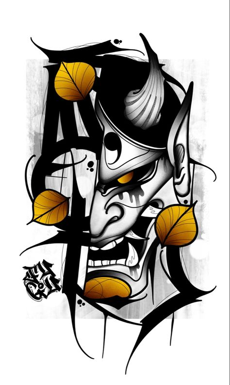 Oni tattoo Oni Tattoo Design, Masks Tattoo, Desain Tattoo, Oni Masks, Mascara Oni, Traditional Snake Tattoo, Oni Mask Tattoo, Oni Tattoo, Band Tattoo Designs