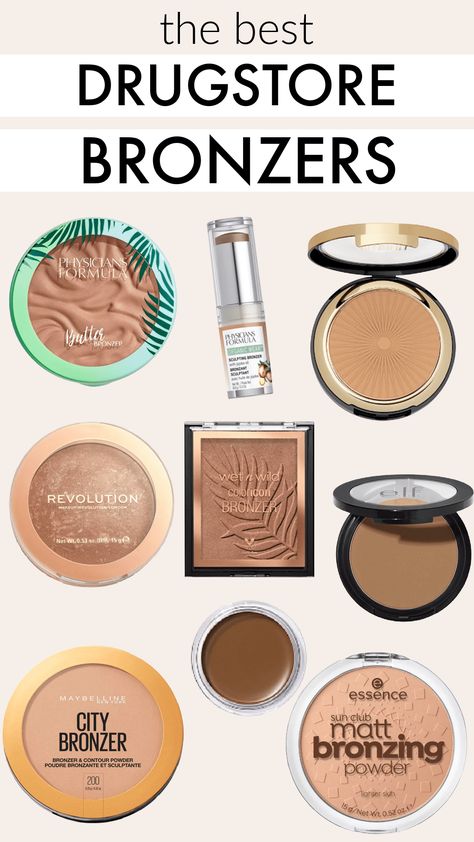 The best drugstore bronzers - lots of different formulas and finishes that will work for all skin types! Cool Tone Bronzer, Best Drugstore Powder, Bronzer For Fair Skin, Drugstore Bronzer, Sun Kissed Skin, Drugstore Makeup Tutorial, Best Bronzer, Bronzer Makeup, Tan Skin Tone