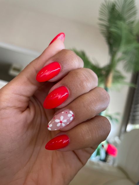 Pink And Red Spring Nails, Red Spring Nail Designs, Red Spring Nails Acrylic, Red Flowers On Nails, Red Easter Nails, Red Nail Flower Designs, Dark Red Nails With Flowers, Spring Red Nails 2024, Red And White Flower Nails