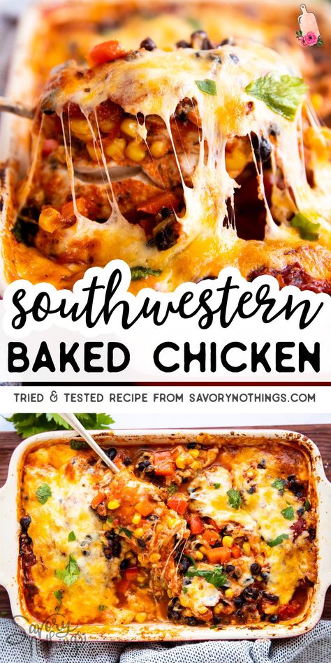 Make this Southwestern Baked Chicken when you're short on time and need a quick dinner. Just dump and go - everything goes into the baking dish and off into the oven! | #chickenfoodrecipes #chickendinner #chickenrecipes #easydinner #easyrecipes #dinnerrecipe #easydinnerrecipe #familydinner #mexicanfood #texmex #chicken Chicken Casserole, Chicken Thigh Recipes Oven, Chicken Thigh Recipes Crockpot, Boneless Chicken Thigh Recipes, Food Stamps, Everything Goes, Chicken Dishes Recipes, Baked Chicken Recipes, Baking Dish