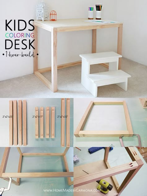 Learn how to make this simple kids coloring desk, easily built in about an hour! You get to be super mom or super dad and it won't take up your entire day! Side By Side Desks Home Office, Diy Childs Desk, Diy Kids Desk Easy, Easy Desk Diy, Diy Small Table Easy, Small Desk Diy, Kids Desk Diy, Kids Table Diy, Diy Small Desk