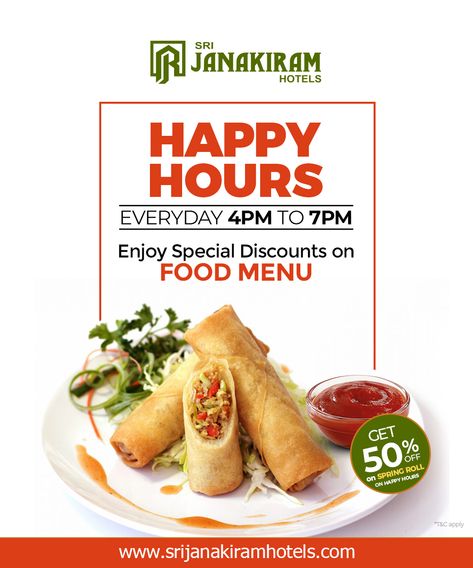 HAPPY HOURS at Sri Janakiram Hotels Enjoy FLAT 50% discounts on selected food menu, Everyday 4pm to 7pm!!!  #srijanakiram #tirunelveli #happyhours #food #discount #offer Food Offers Creative Ads, Food Offers Poster, Food Discount Design, Food Offer Poster Design, Jungle Food, Restaurant Graphics, Happy Hour Food, Food Discount, Food Post