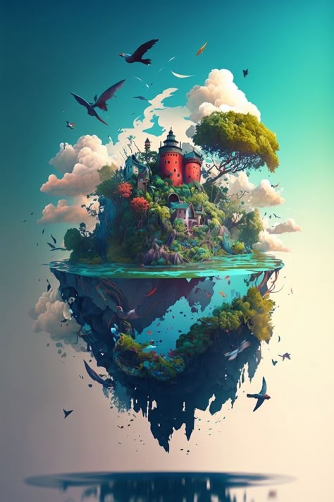 Island In The Sky, Wispy Clouds, Floating Island, Floating City, Dreamy Artwork, Fantasy Island, Soyut Sanat Tabloları, Art Gallery Wallpaper, Island Art