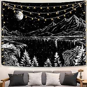 Zussun Black and White Tapestry Starry Night Mountain Tapestries for Bedroom Aesthetic Moon and Stars Tapastry's Wall Hanging Dark Nature Forest Wall Tapestry for Living Room Dorm (Black, 48'' × 36'') Aesthetic Moon And Stars, Black And White Tapestry, Home Bedroom Ideas, Celestial Tapestry, Writing Room, White Tapestry, Mountain Tapestry, Aesthetic Moon, Star Tapestry