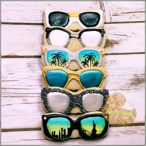 Decorated sugar cookies with royal icing. Eyeglasses, sunglasses cookies. Eyeglass Decorated Cookies, Sunglass Cookies, Sunglass Cookies Decorated, Sunglasses Decorated Cookies, Sunglasses Cookies, Summer Sugar Cookies Decorated, Summer Sugar Cookies, Lake Theme, Beach Cookies