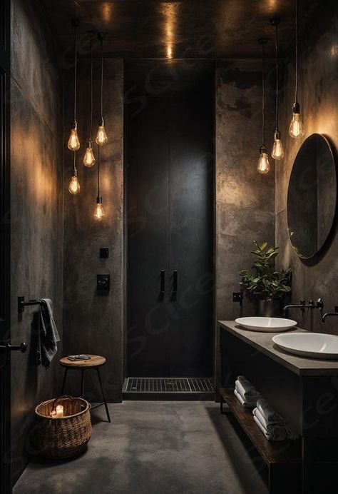 Get inspired by these moody bathroom designs for your next remodel! Discover lush, dark palettes, elegant fixtures, and atmospheric lighting that transform ordinary spaces into serene retreats. Ideas include minimalist, industrial, vintage, luxury, spa-inspired.  ... daha fazla Spa Bathroom Ideas Dark, Taupe Marble Bathroom, Dark Vintage Bathroom, Bathroom Aesthetic Dark, Dark Theme Bathroom, Moody Spa, Moody Master Bath, Concrete Tile Bathroom, Dark Moody Bathroom