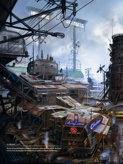 Fallout 4 Diamond City, Video Game City Concept Art, Scrapyard Concept Art, Fallout 4 Concept Art, Fallout Settlement, Fallout 4 Settlement Ideas, Fallout Cosplay, Nuclear Winter, Fallout Rpg