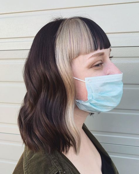 Hair by Sam🌙✨ on Instagram: “Took Taylor to the dark side but kept a panel of blonde in the front. I love this colour blocking trend, and would love to do more! . . .…” Colour Block Hair Bob, Hair Colour Blocking Ideas, Colour Panel Hair, Colour Block Hair Blonde, Brown Blonde Color Block, Bleached Streak In Hair, Blonde Fringe Dark Hair, Bleached Fringe, Bleach Panels