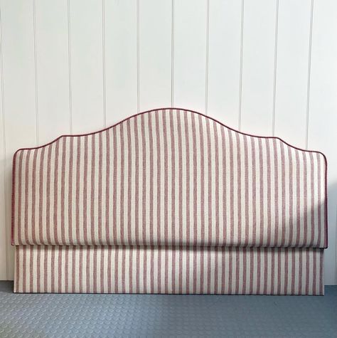 Another bespoke headboard in our favourite rose ticking stripe from @penny_morrison_ltd @the_fabric_collective using the reverse of the… | Instagram Headboard With Contrast Piping, Zip And Link Headboards, Liberty Fabric Headboard, Fermoie Fabric Headboard, Striped Upholstered Headboard, Ticking Stripe Headboard, Striped Bed Frame, Striped Headboard Bedroom, Diy Scalloped Headboard