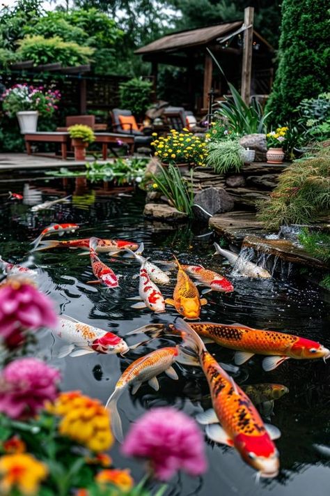 Koi Fish Pond Ideas for Serene Backyard Retreats Nature, Coy Fish Pond Backyard, Home Koi Pond, Diy Koi Fish Pond, Coy Pond Ideas Backyards, Koi Fish Pond Backyard, Backyard Koi Pond Ideas, Koi Pond Aesthetic, Koi Fish Pond Ideas