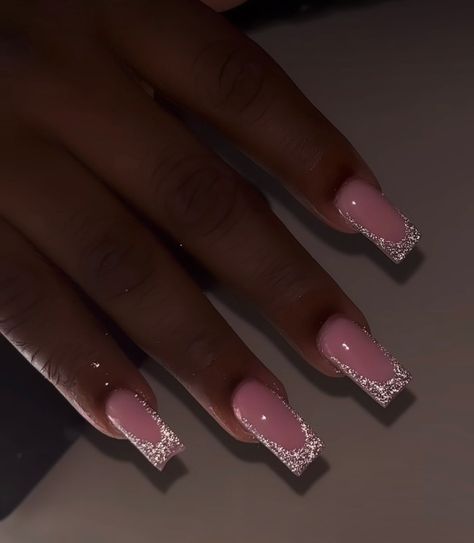 Pink Sparkle Aesthetic Nails, Homecoming Nails Sparkle, Nail Ideas Gel Pink, Birthday Nails For January, Short Double French Nails, Red Glitter French Tip Nails Short, Aquarius Birthday Nails Short, Birthday Nails Glitter Sparkle, Birthday Sns Nails