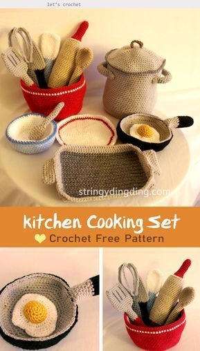 Kitchen Cooking Set Crochet Free Pattern #letscrochetfreepattern #crochettoysforkids #freecrochetpatterns Play Kitchens, Pola Amigurumi, Crochet Baby Toys, Crochet Food, Crochet Amigurumi Free Patterns, Crochet Kitchen, Crochet Amigurumi Free, Cooking Set, Haken Baby