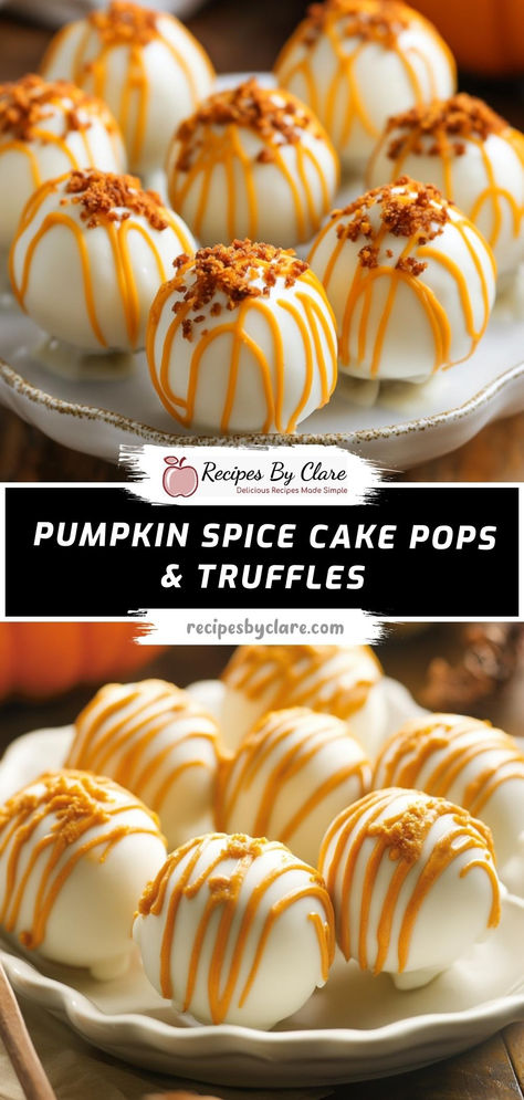 These pumpkin spice cake pops and truffles, with a rich cream cheese filling and white chocolate coating, are perfect for fall parties or gifting.  Ingredients:  1 box pumpkin spice cake mix 1/2 cup cream cheese frosting 12 oz white chocolate chips or candy melts Lollipop sticks (for cake pops) Deliciously spiced pumpkin cake pops and truffles, coated in smooth white chocolate, with optional sprinkles for a festive touch—an ideal autumn indulgence! White Chocolate Covered Pumpkin Balls, Easy Thanksgiving Cake Pops, Pumpkin Cake Bites, Spice Cake Cake Balls, Pumpkin Spice Oreo Balls, Thanksgiving Cake Pops Recipe, Thanksgiving Cake Pops Easy, Fall Flavored Cake Pops, Chocolate Filling For Chocolates