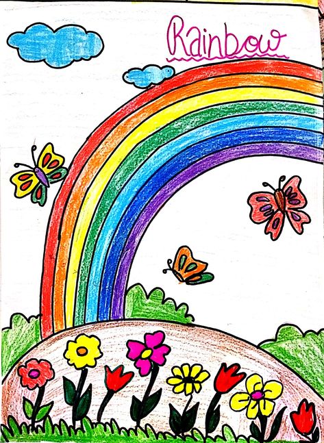 Rainbow 🌈 picture Rainbow Colours Drawing, Rainy Day Drawing, Rainbow Songs, Rain Bow, Kids Canvas Painting, Bow Drawing, Rainbow Pictures, Student Cartoon, Easy Drawings For Beginners