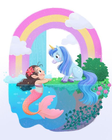 Mermaid girl and unicorn illustration. Artwork by Nora Racz Cute Mermaid Illustration, Procreate Drawings, Magical Bedroom, Mermaid Drawing, Illustration Birthday, Unicorn Cartoon, Friends Enjoying, Mermaid Unicorn, 3 Birthday