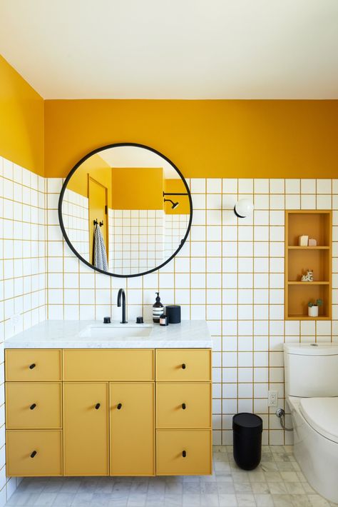 Photo 12 of 16 in In the Silver Lake Section of Los Angeles, a Renovation Takes Advantage of Enviable Views - Dwell Colorful Tile, Toilette Design, Coloured Grout, Casa Vintage, Yellow Bathrooms, Tile Grout, Upstairs Bathrooms, Maximalism, Grout