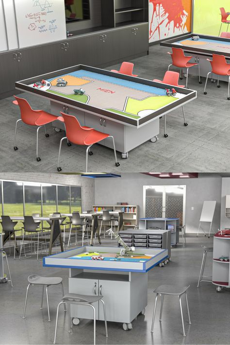 Choose from a variety of heights and widths for a robotics table that suits a wide range of classrooms, makerspaces, or a STEM/STEAM learning spaces. #MiEN #Education #SchoolFurniture #Innovation #21stcenturylearning #Collaboration #k12 #LearningSpaces #FlexibleSeating #makerspace #robitics #esports Robotics Room School, Robotic Classroom Design, Robotics Classroom Design, Steam Lab Design, Stem Classroom Design, Maker Space Design, Robotics Classroom, Stem Lab Design, Computer Laboratory