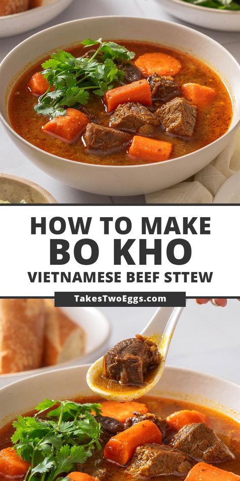 Bò kho or Vietnamese beef stew made with deliciously tender braised beef, carrots and loaded with fragrant aromatics and spices. This authentic bo kho recipe served with fresh herbs and a baguette is the most satisfying and comforting dish. Cambodian Beef Stew, Vietnamese Dishes Food Recipes, Authentic Vietnamese Recipes, Bo Kho Recipe, Thit Kho, Bo Kho, Vietnamese Beef Stew, Exotic Recipes, Vietnamese Foods