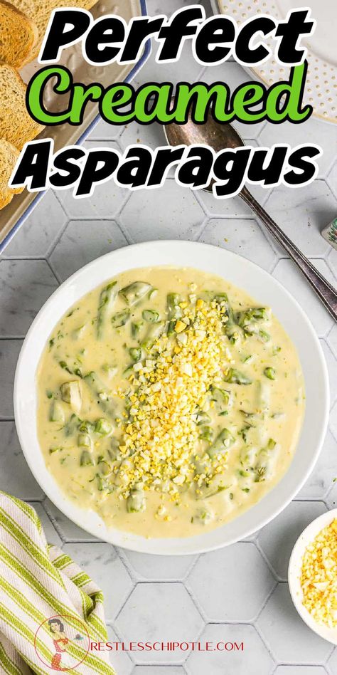 Creamed Asparagus On Toast, Creamed Asparagus Recipes, Creamed Veggies, Asparagus Sauce, Cheesy Asparagus, Cream Of Asparagus, Restless Chipotle, Creamed Asparagus, Brunch Recipe