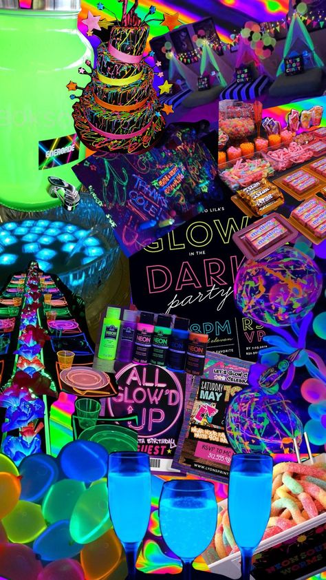 Neon glow birthday theme Neon Glow Theme Party, Club Theme Sweet 16, Glow In The Dark Themed Party, Glow Prom Theme, Neon Sleepover Party, Neon 21st Birthday Party, Glow In The Dark Party Ideas For Adults, Neon Prom Theme, Neon Bday Party