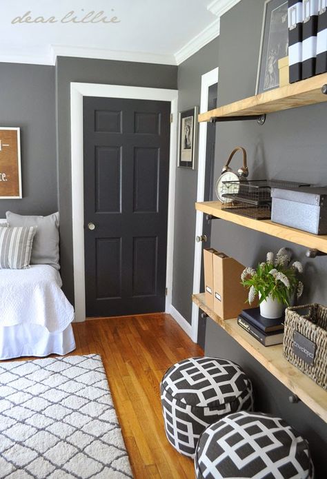 Grey Walls White Trim, Dark Doors, Home Office/guest Room, Dear Lillie, Dark Grey Walls, Gray Walls, Office Guest Room, Guest Room Office, Black Door