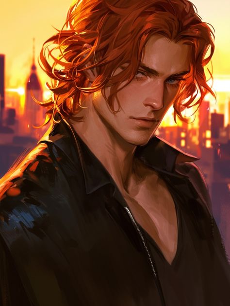 Auburn Hair Male Character Inspiration, Orange Hair Male Character Art, Guy With Auburn Hair, Red Hair Man Character Art, Man With Red Hair Art, Red Hair Boy Drawing, Red Haired Man Art, Dark Skin Red Hair Character Art, Red Haired Male Oc