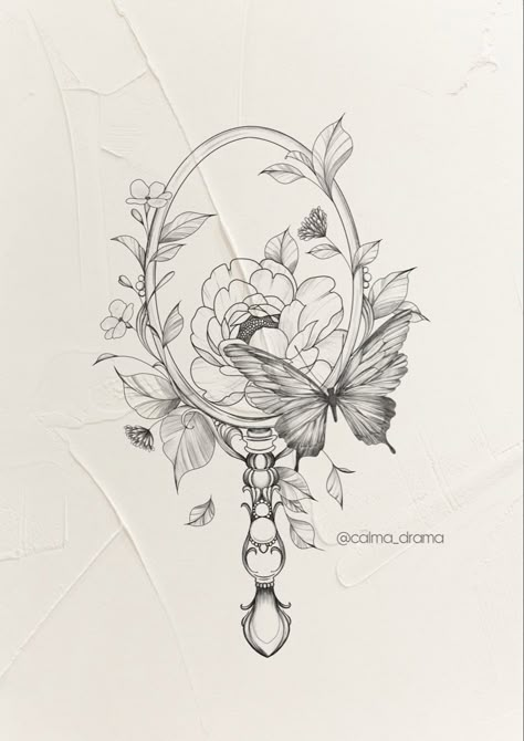 Mirror Flower Tattoo, Mirror With Flowers Tattoo, Victorian Floral Tattoo, Frame With Flowers Tattoo, Hand Holding Mirror Tattoo, Vintage Mirror Tattoo Design, Framed Floral Tattoo, Vintage Hand Mirror Tattoo, Vintage Mirror Drawing