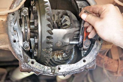 The differential carrier holds the ring gear and connects the pinion gear to the rear axles. This unit shown is an open-type, no posi. 1996 Chevy Silverado, Auto Mechanic, Automotive Mechanic, Pinion Gear, Rear End, Rear Differential, Skylark, Gmc Trucks, Car Mechanic