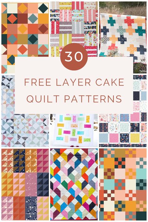 Find your next project with this list of 30 completely free quilt patterns for beginners! Each of these patterns use layer cakes and many include video tutorials. Free Quilt Pattern Using Layer Cake, Quilt Patterns With Layer Cakes, Layer Quilt Patterns, Jelly Roll Jam Quilt Pattern, Quilts Patterns Free Easy, Quilt Patterns For Layer Cakes, Prism Quilt Pattern Free, Quilt Patterns Layer Cake, Modern Layer Cake Quilt Pattern