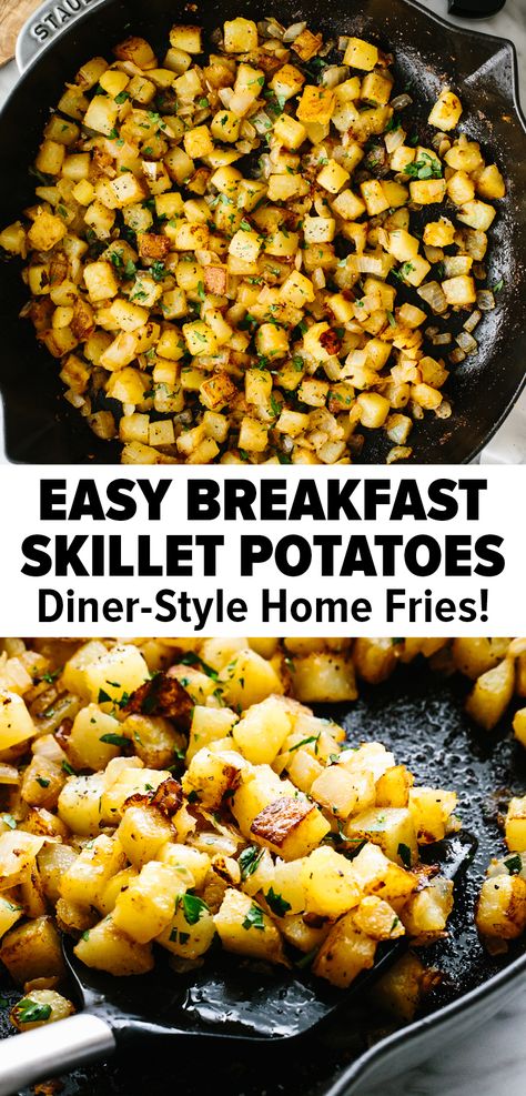 This skillet breakfast potatoes is the perfect side dish to round out a breakfast idea or even dinner. Potatoes are perfectly seasoned and become crisp in a skillet for a classic diner style home fries. #potatorecipe #breakfastrecipe #skilletpotatoes #homefries #potatoseasoning Veggie Skillet Breakfast, Breakfast Bowl With Potatoes, Potato Egg Breakfast Skillet, Potato In Skillet, Sautéed Breakfast Potatoes, First Watch Breakfast Potatoes, Breakfast Skillet Recipes Potatoes, Sliced Breakfast Potatoes Skillet, Cast Iron Breakfast Potatoes