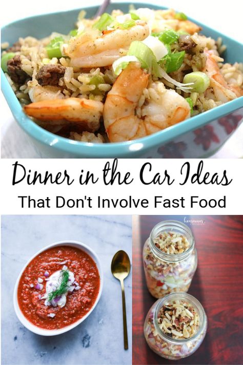 We all have those days or weeks where we're on-the-go from sun up to sunset! We put together a list of quick dinner in the car ideas that don't involve fast food. Just prep in advance and get the proper containers and cooler and you're good-to-go! #dinnertogo #quickdinner #dinnerinthecar #mealprep #planaheadmeals #sportsnightmeals #quickmeals Quick Dinners On The Go, Dinners In The Car, Travel Dinner Ideas Meals, Meals In The Car, Car Dinner Ideas, Meals To Eat In The Car, Baseball Dinners On The Go, Baseball Night Dinner Ideas, Sports Night Dinners Quick Meals