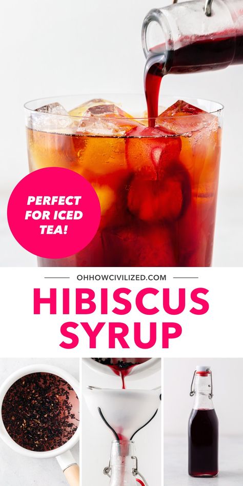 Homemade Hibiscus Syrup Recipe Hibiscus Recipe, Summer Tea Recipes, Flavored Iced Tea Recipes, Summer Coffee Drinks, Healthy Teas Recipes, Hibiscus Flower Tea, Hibiscus Drink, Hibiscus Syrup, Simple Syrups