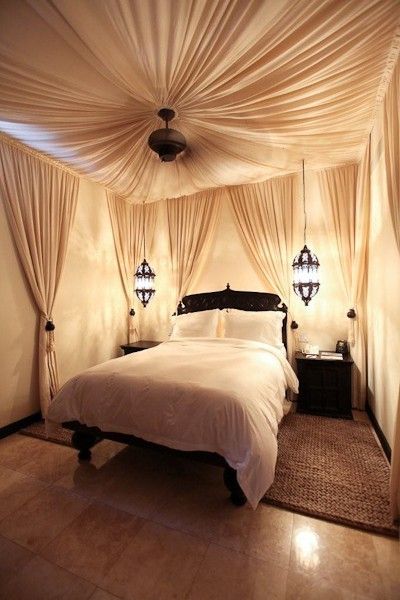 have always wanted to do this in my bedroom, but with a lighter fabric, so I can toss silk flower petals inside the ceiling panels. Morrocan Home, Basement Bedrooms, 아파트 인테리어, Meditation Room, Dream Rooms, Beautiful Bedrooms, Dream Bedroom, My New Room, Urban Design