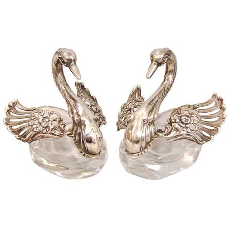 A pair of Crystal and Sterling Silver Swan Open Salts Gold Swan, Crystal Dishes, Silver Swan, Silver Wings, Salt Cellar, Salt Shaker, Salt And Pepper Shakers, Salt Pepper Shakers, Vintage Sterling Silver