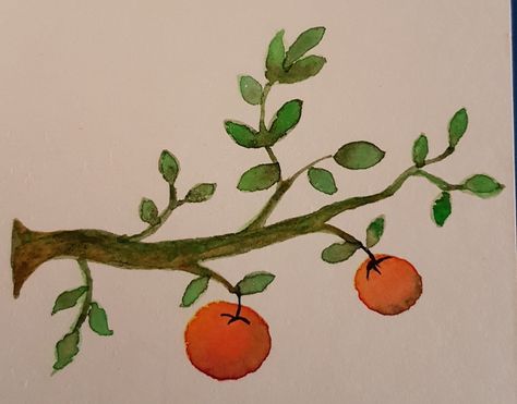 Tangerine Tree Drawing, Orange Tree Drawing, Orange Tree Painting, Orange Tree Branch, Watercolour Orange, Clementine Tree, Tree Painting Easy, Pencil Landscape, Tangerine Tree