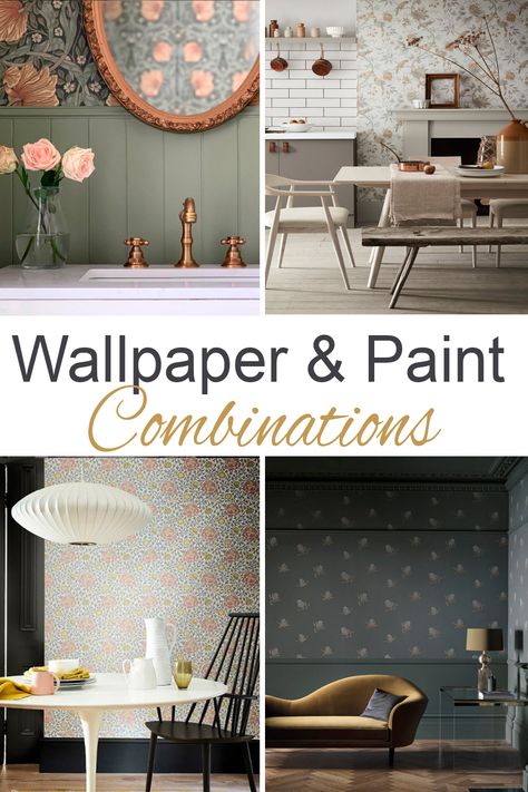 Dark Paint And Wallpaper, Wallpaper And Paint Combination Bathroom, Combining Wallpaper And Paint, Wallpaper And Painted Walls, Wall Trim And Wallpaper, Green Paint With Wallpaper, One Wall Wallpaper Powder Room, Wallpaper To Compliment Grey Walls, Powder Room One Wall Wallpaper