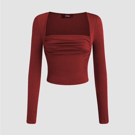 Cider Square Neck Ruched Long Sleeve Crop Top. New Without Tags. Never Worn. Formal Tops For Women, Dark Red Blouse, Red Christmas Outfit, Cider Tops, Ruched Long Sleeve Top, Red Long Sleeve Shirt, Dressy Shirts, Square Neck Top